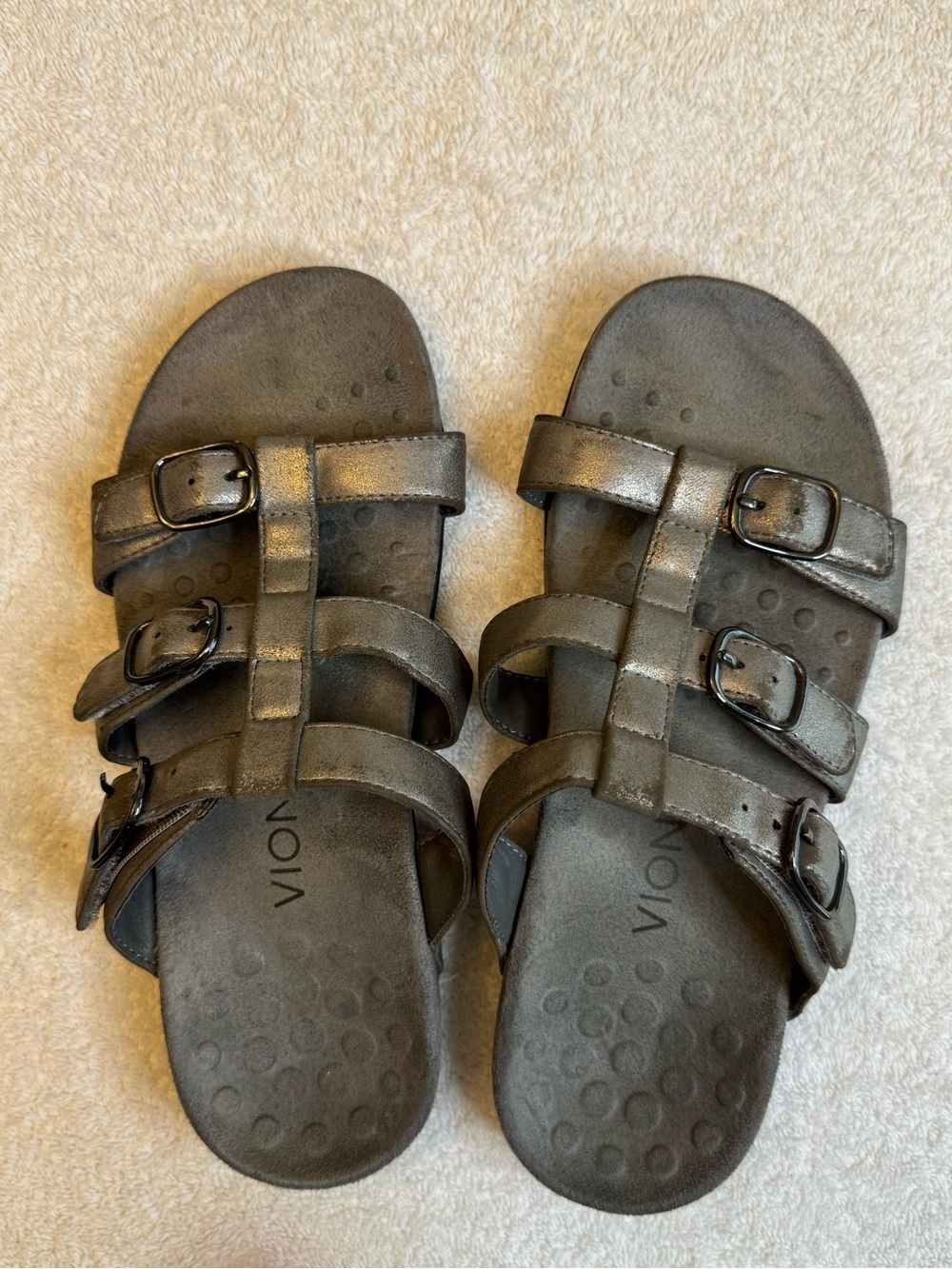 Vionic Misa Pewter Metallic Leather 3 Strap Orthotic Comfort Sandals 6